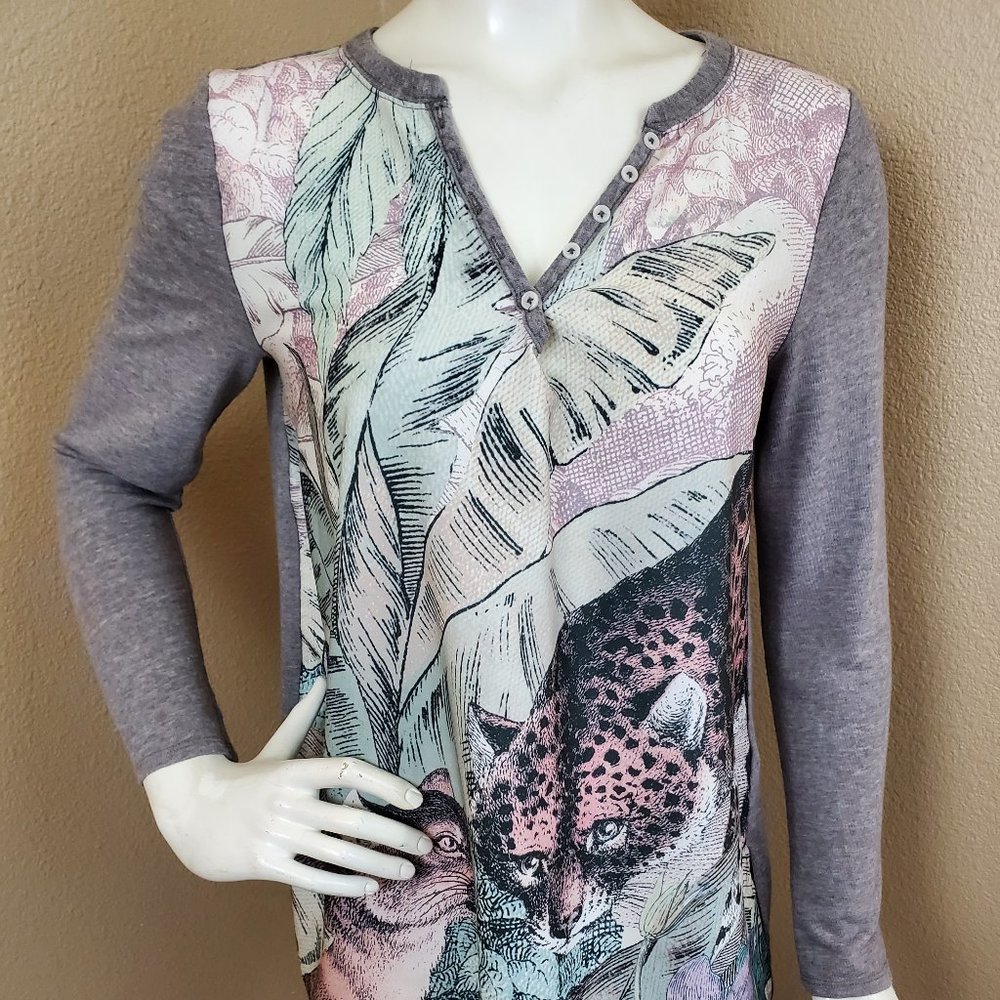 AKEMI+KIN Anthropologie Fauna Cheetah Animal Print Linen Blend Top~Size M